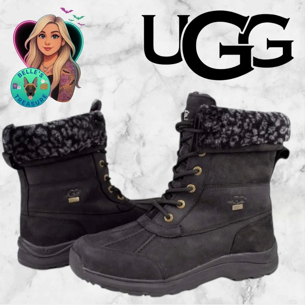 UGG ADIRONDACK BOOT III LEATHER SHEEPSKIN WOMEN'S 7 BOOTS Gray Leopard Fur Lined
